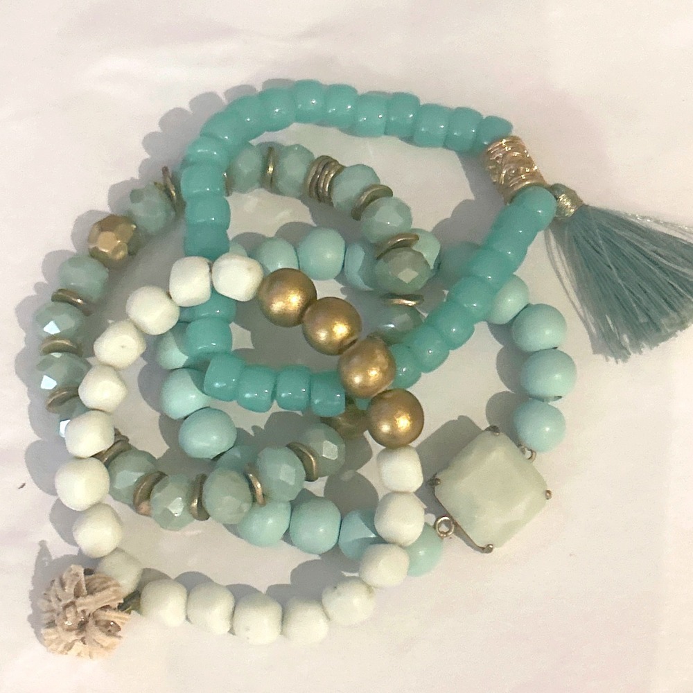 Boho Beaded Stretch Bracelet Stack Set of 4 Aqua Turquoise Tassel Gold Tone